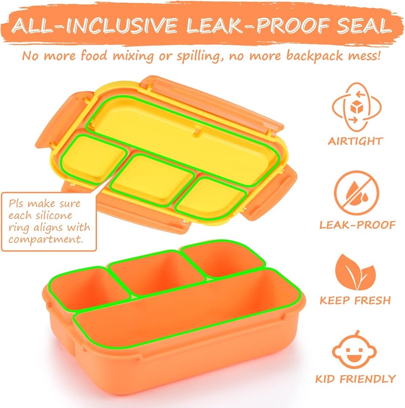 QQKO Bento Box for Kids Adults, School Toddler Lunch Box for Boys Girls, Lunch Box Containers with 4 Compartments, Sauce Container, Utensils, Food Picks and Muffin Cups for School, Orange Yellow - Image 5